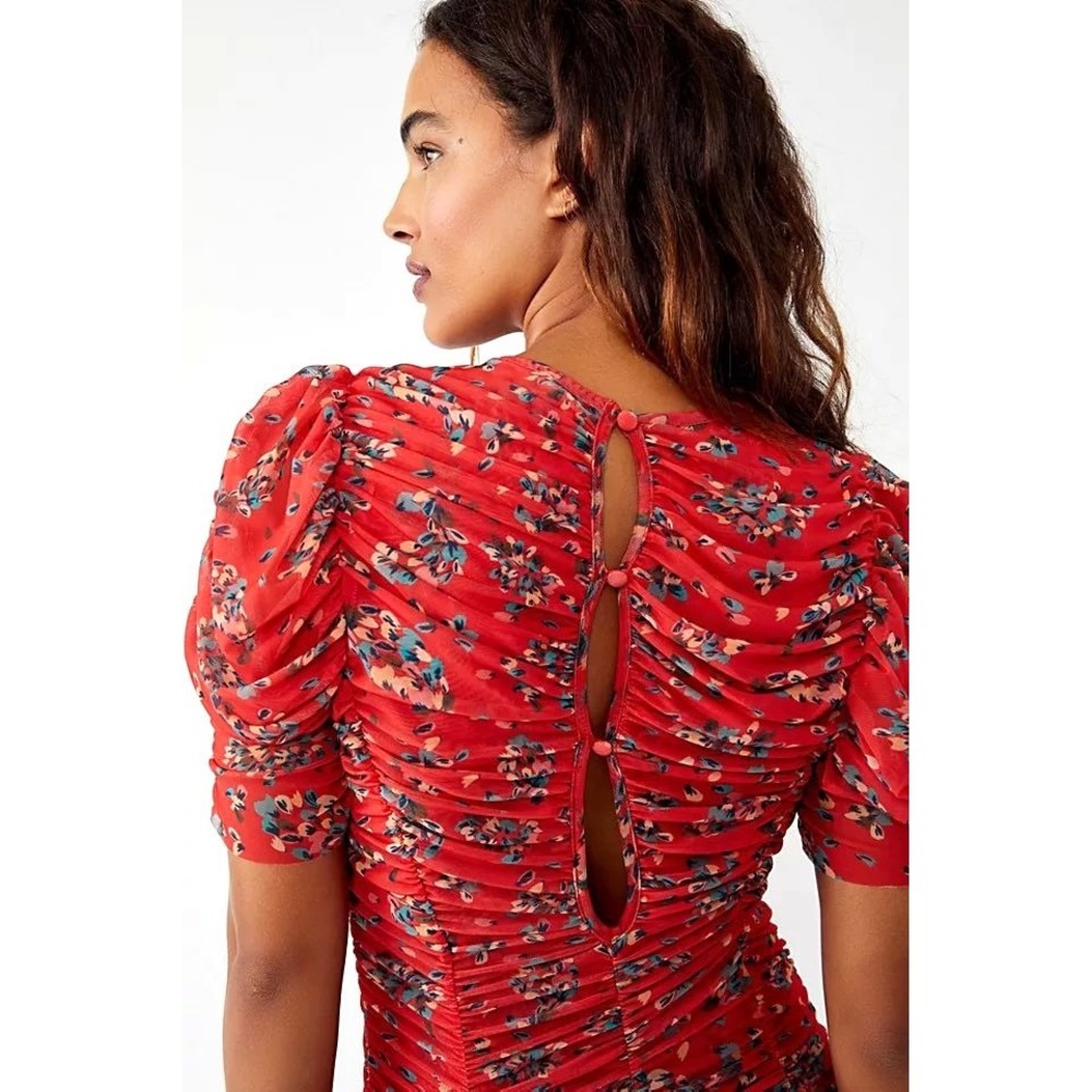 Free People Briella Midi Dress Womens S Red Ruched Mesh Cottagecore Romantic